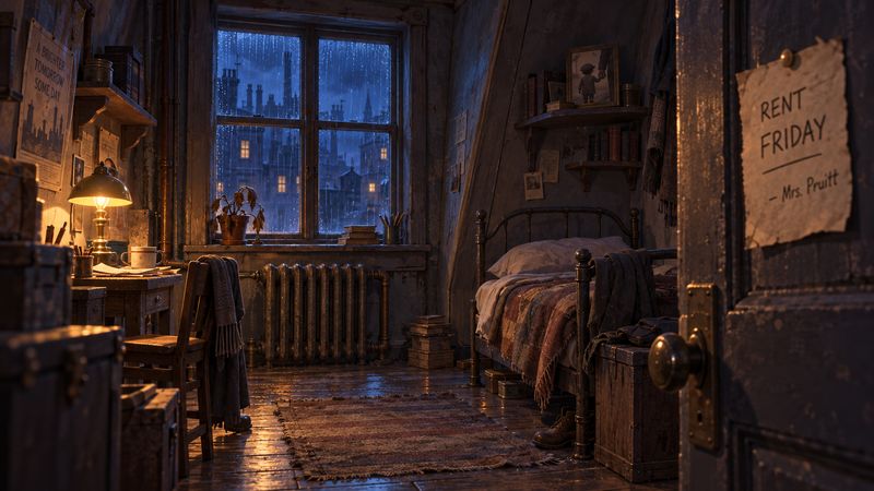 A small rented room at night, rain on the window and a rent note pinned to the door
