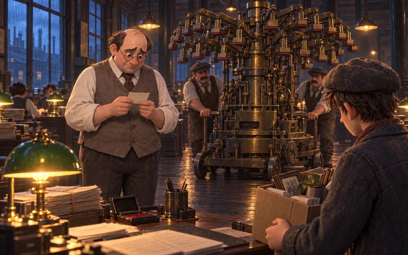 Mr. Gaunt reads a slip of paper while a young clerk packs a box beside a brass sorting machine