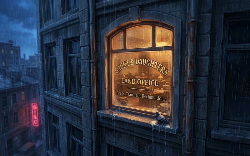 A lit land office window reading Gaunt & Daughters, Deeds, Transfers, Reclamations, on a rain-dark Grayhaven street
