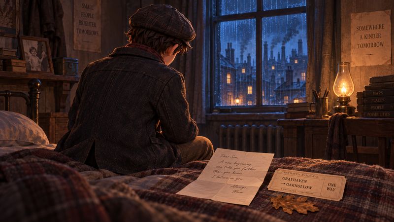 The player sits on the bed beside a handwritten letter, a ticket to Oakhollow and an oak leaf