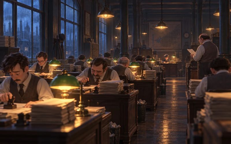 Clerks stamping papers under green desk lamps in a long, rain-lit office