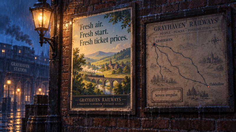A railway poster of green hills beside a rail map from Grayhaven to Oakhollow marked Service irregular