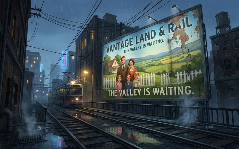 A Vantage Land and Rail billboard over wet tracks: The valley is waiting