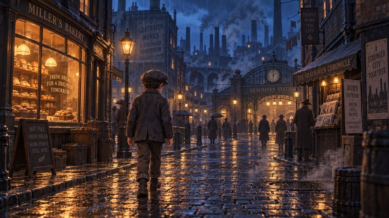 The player walks a wet cobbled street toward Grayhaven Station, past a bakery and propaganda posters