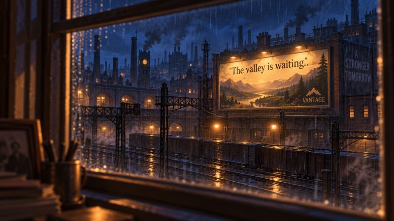 Through a rainy window, a lit Vantage billboard reading The valley is waiting over a rail yard