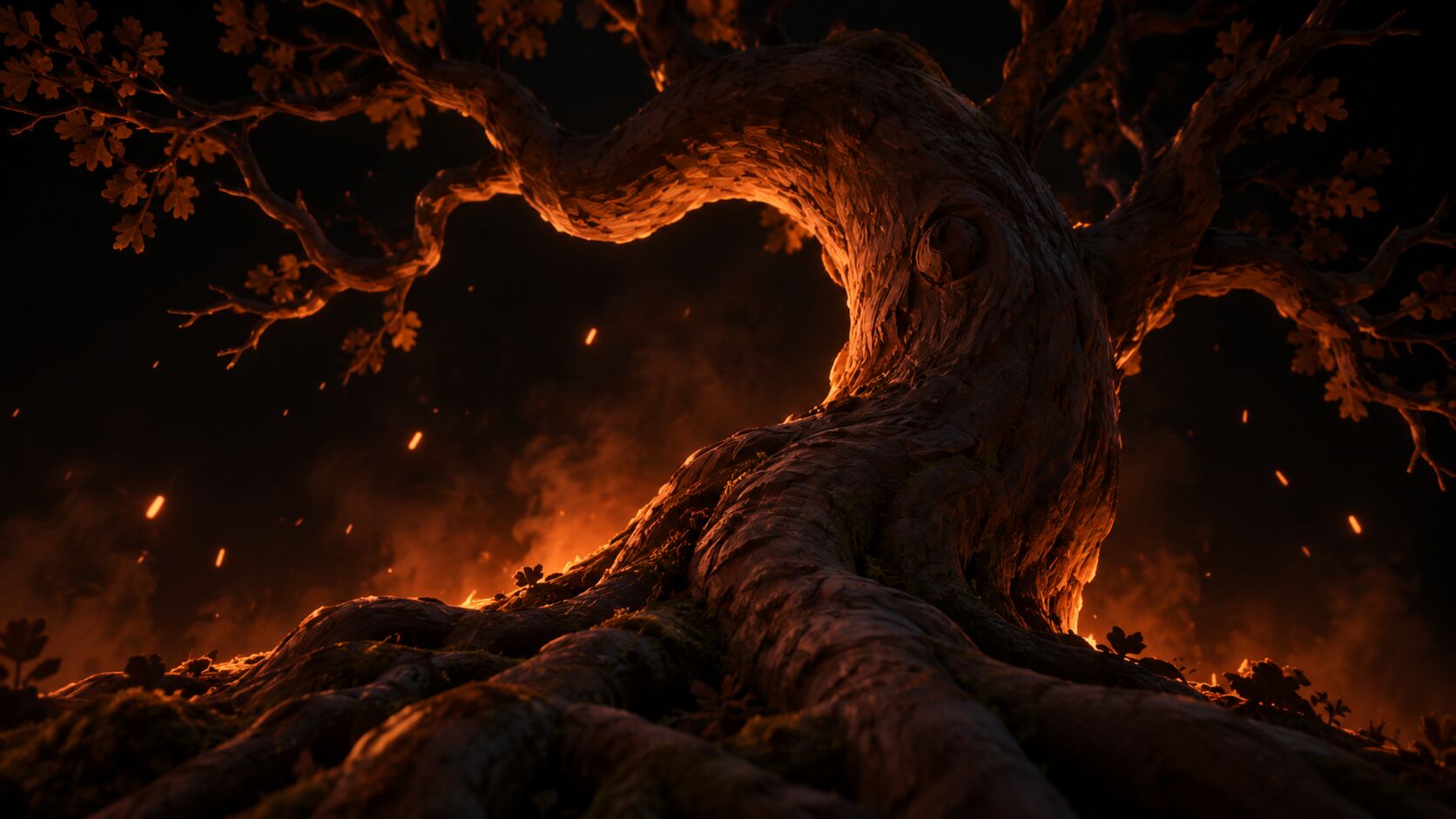 The old tree under falling embers