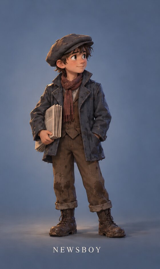 A grinning newsboy with papers